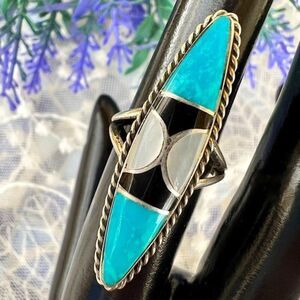 Vintage Signed Turquoise Onyx & Mother of Pearl Inlay Ring